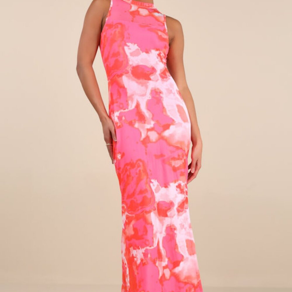 Lulus Telestia Hot Pink Abstract Mesh Mermaid Maxi Dress - Size XL